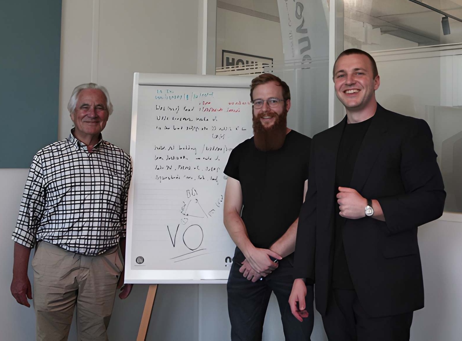 Tony Hürlimann, Tim Schelbert and Reto Wyss in front of a flip chart